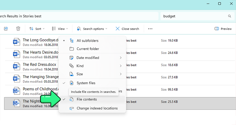 Windows 11 文件资源管理器的“搜索选项”菜单,其中已选择“文件内容”