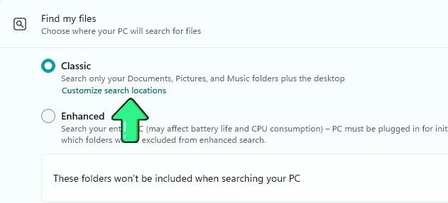 Windows 11 搜索设置,其中已选择“经典”模式并突出显示“自定义搜索位置”
