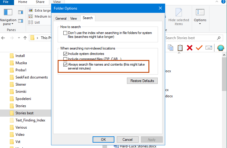 File Explorer choose to search file names and contents