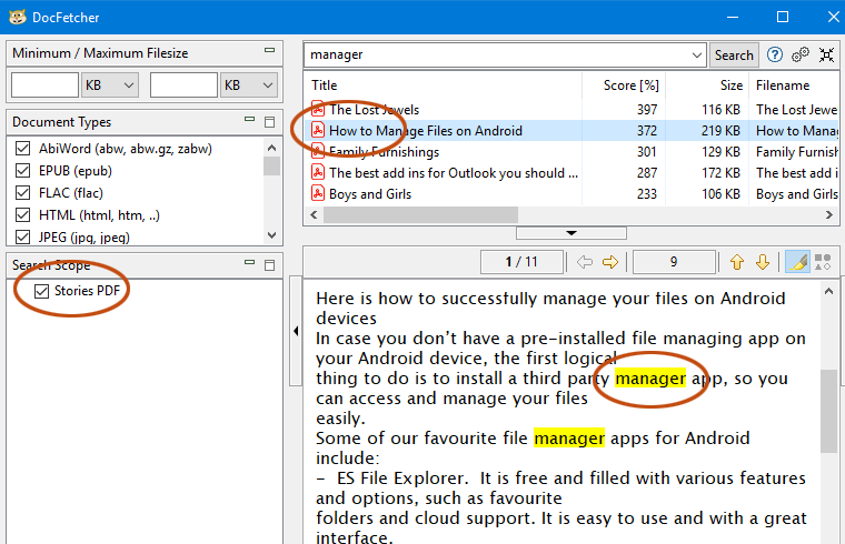 Use DocFetcher: to search PDF files
