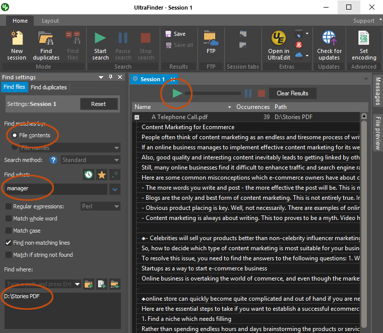 Use UltraFinder to search PDF files