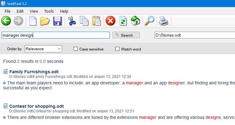 SeekFast search LibreOffice files