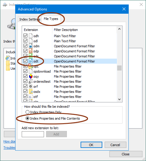 Windows Search choose to index the text of the odt files