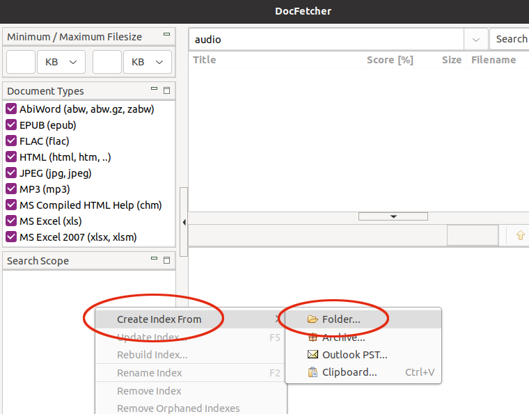 DocFetcher Linux create an index of files and folders