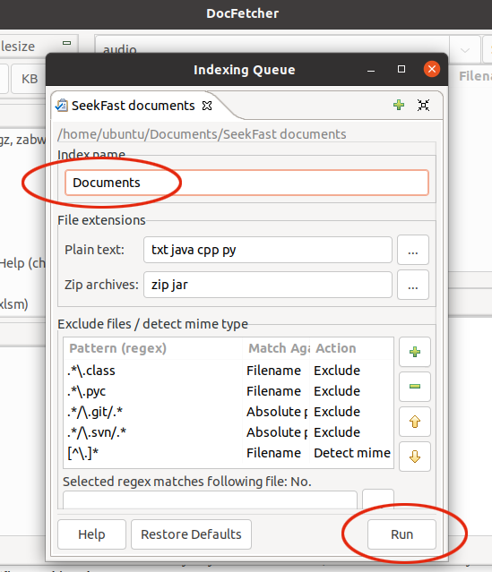 DocFetcher Linux choose a folder to search