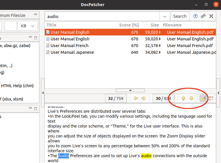 DocFetcher Linux see passages found