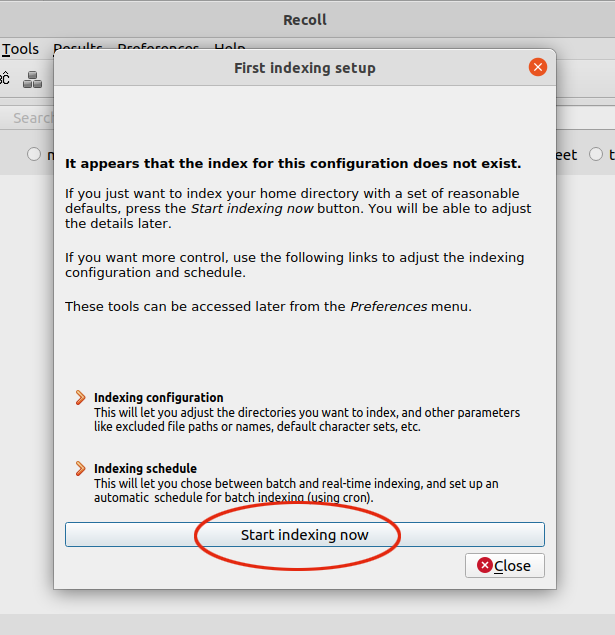 Recoll start indexing your files and folders