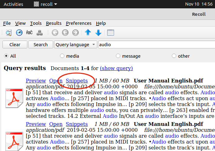 Recoll see passages of text found