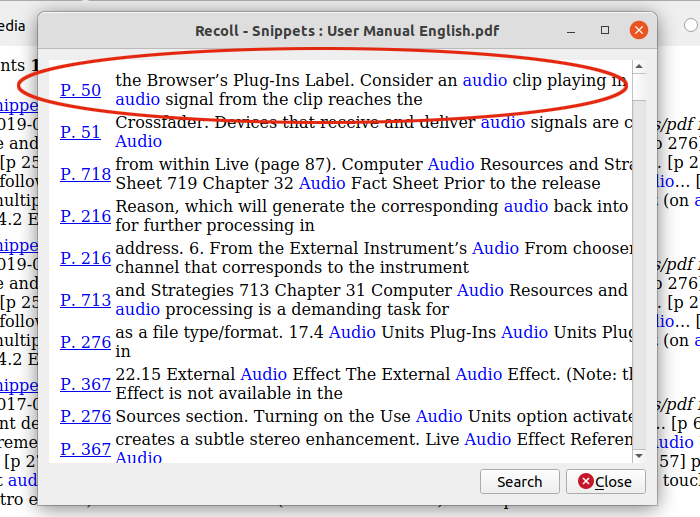 Recoll see the pages and the lines containing your search words