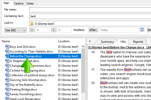 Agent Ransack click on a file name to see the text containing the search words