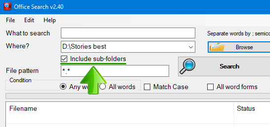 Office Search choose to search in subfolders
