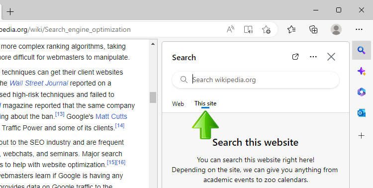 Microsoft Edge choose to search current site
