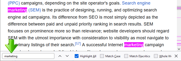 Firefox highlight search words and scrollbar
