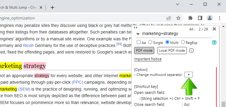 Chrome Advanced Search choose word separator