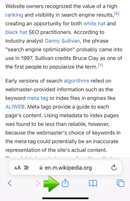 iPhone click Share button to open search menu