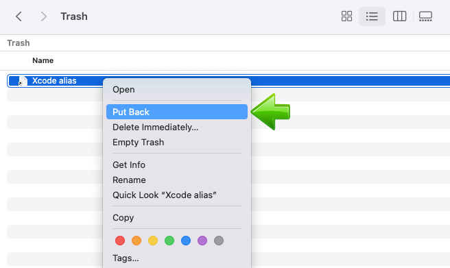MacOS Finder restore file from trash bin