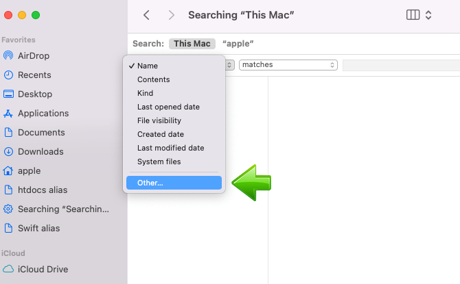 MacOS Finder search options choose other