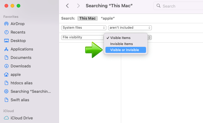 MacOS Finder choose to include hidden files in search