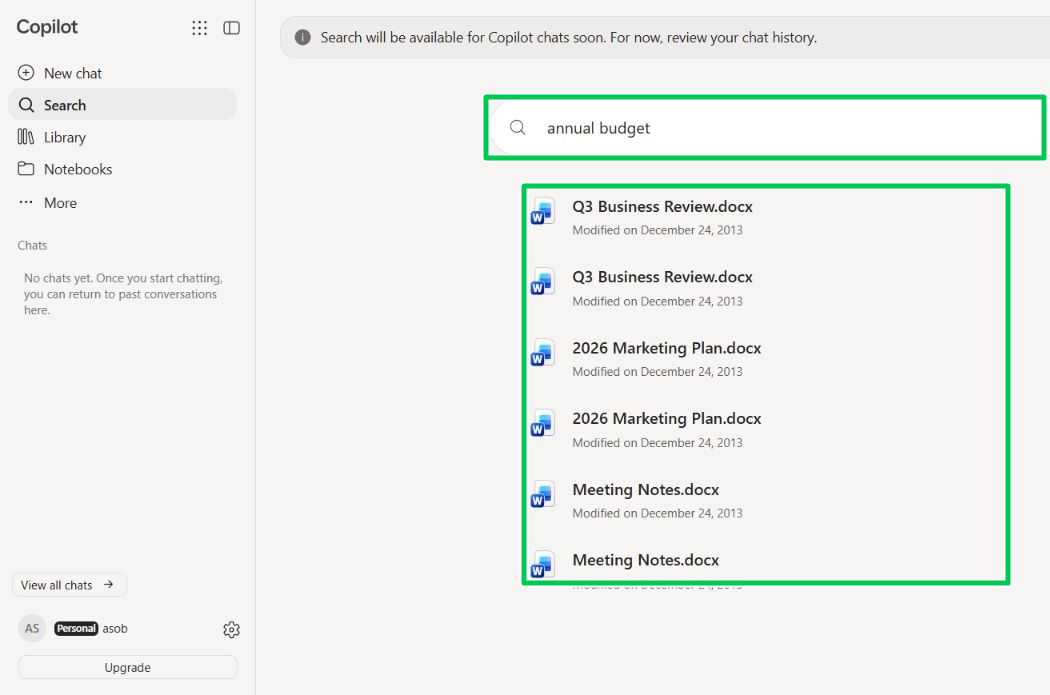 Microsoft 365 搜索界面,其中显示年度预算的 Word 文档结果